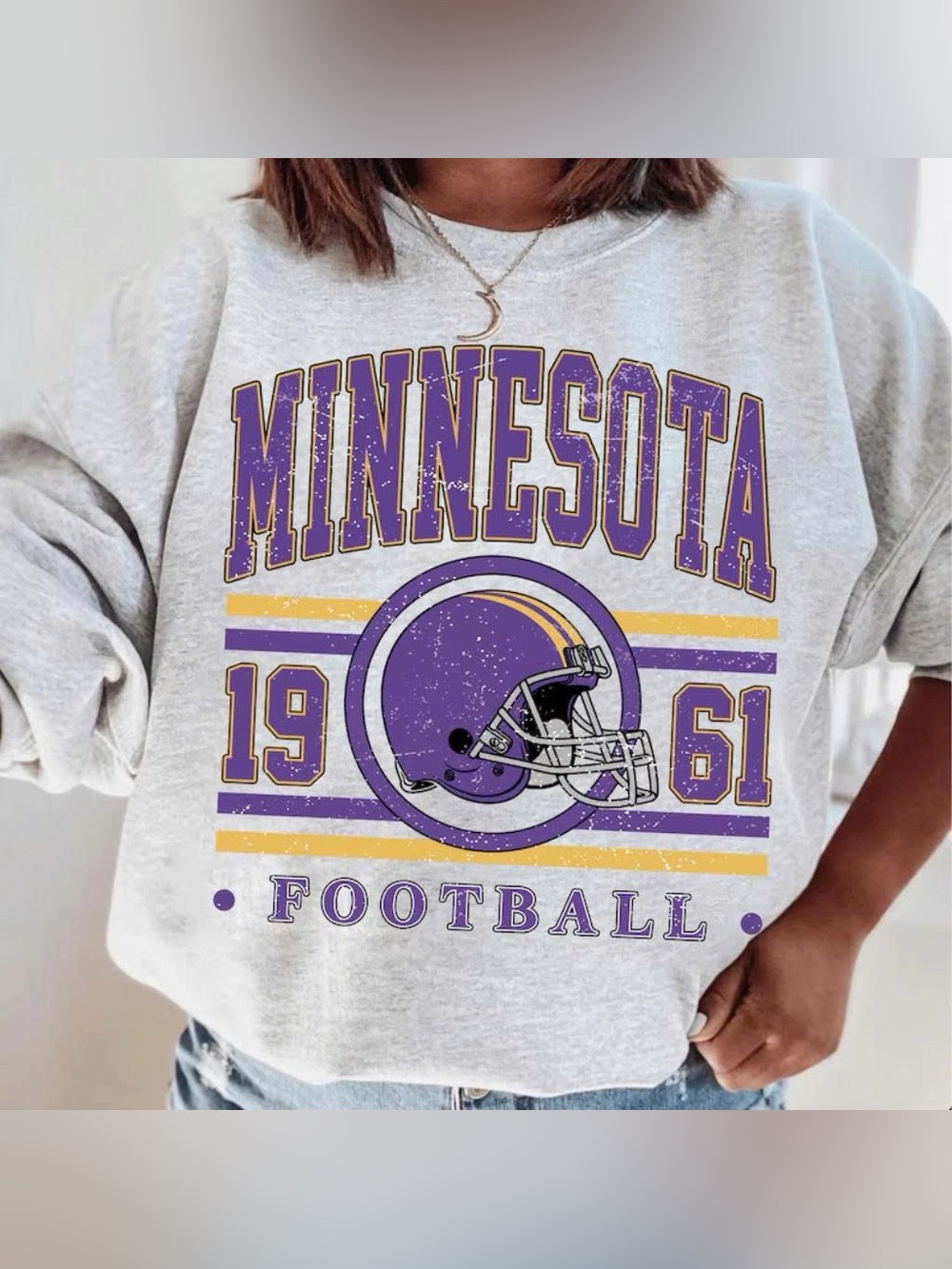 Vintage Gray Sweatshirt with Purple & Gold Minnesota Football Graphic